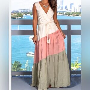 Blue Blush Sleeveless Colorblock Maxi Dress in White, Pink & Sage